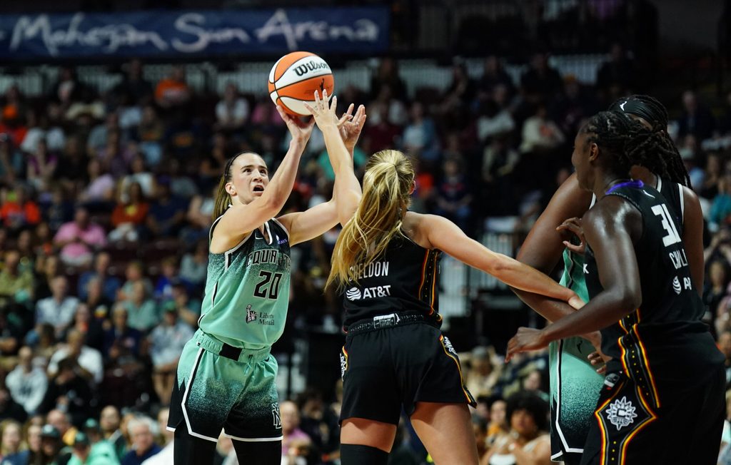 Aug 1, 2025; Uncasville, Connecticut, USA; New York Liberty guard Sabrina Ionescu (20) shoots the ball against the New York Liberty in the second half at Mohegan Sun Arena. Mandatory Credit: David Butler II-Imagn Images