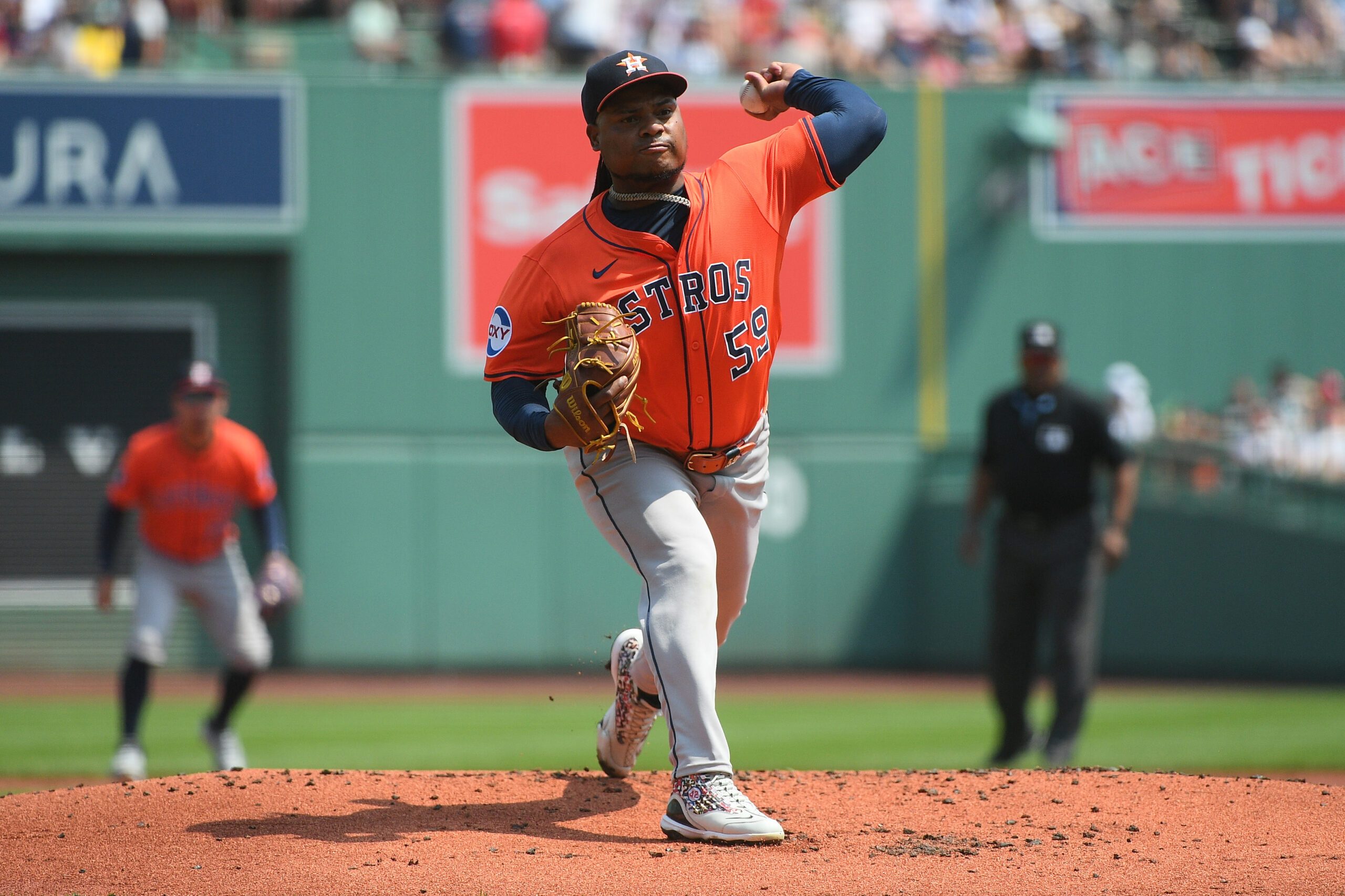 Aug 3, 2025; Boston, Massachusetts, USA;  Houston Astros starting pitcher Framber Valdez (59) pitches during the first inning against the Boston Red Sox at Fenway Park. Mandatory Credit: Bob DeChiara-Imagn Images