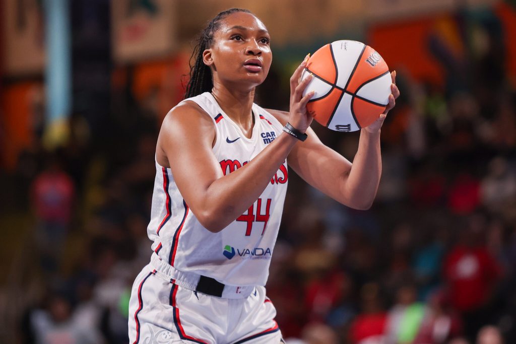 Aug 3, 2025; College Park, Georgia, USA; Washington Mystics forward Kiki Iriafen (44) shoots a free throw against the Atlanta Dream in the first quarter at Gateway Center Arena at College Park. Mandatory Credit: Brett Davis-Imagn Images