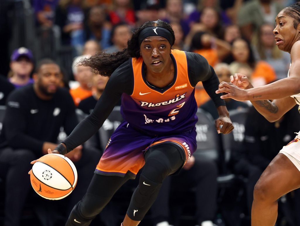Aug 7, 2025; Phoenix, Arizona, USA; Phoenix Mercury guard Kahleah Copper (2) against the Indiana Fever during WNBA game at PHX Arena. Mandatory Credit: Mark J. Rebilas-Imagn Images