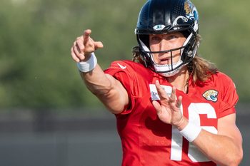 Jacksonville Jaguars quarterback Trevor Lawrence (16) throws a pass during the Jaguars 14th NFL training camp session at Miller Electric Center Tuesday August 12, 2025 in Jacksonville, Fla. The Jaguars travel to New Orleans to play the Saints this Sunday in their second preseason game. [Doug Engle/Florida Times-Union]