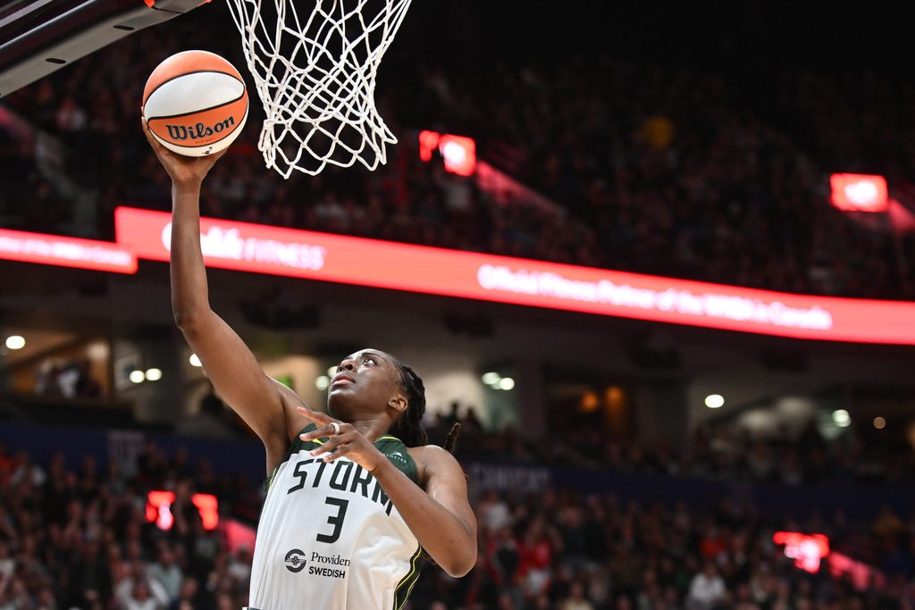 Aug 15, 2025; Vancouver, British Columbia, CAN; Seattle Storm forward Nneka Ogwumike (3) drives to the basket during the second half against the Atlanta Dream at Rogers Arena. Mandatory Credit: Anne-Marie Sorvin-Imagn Images