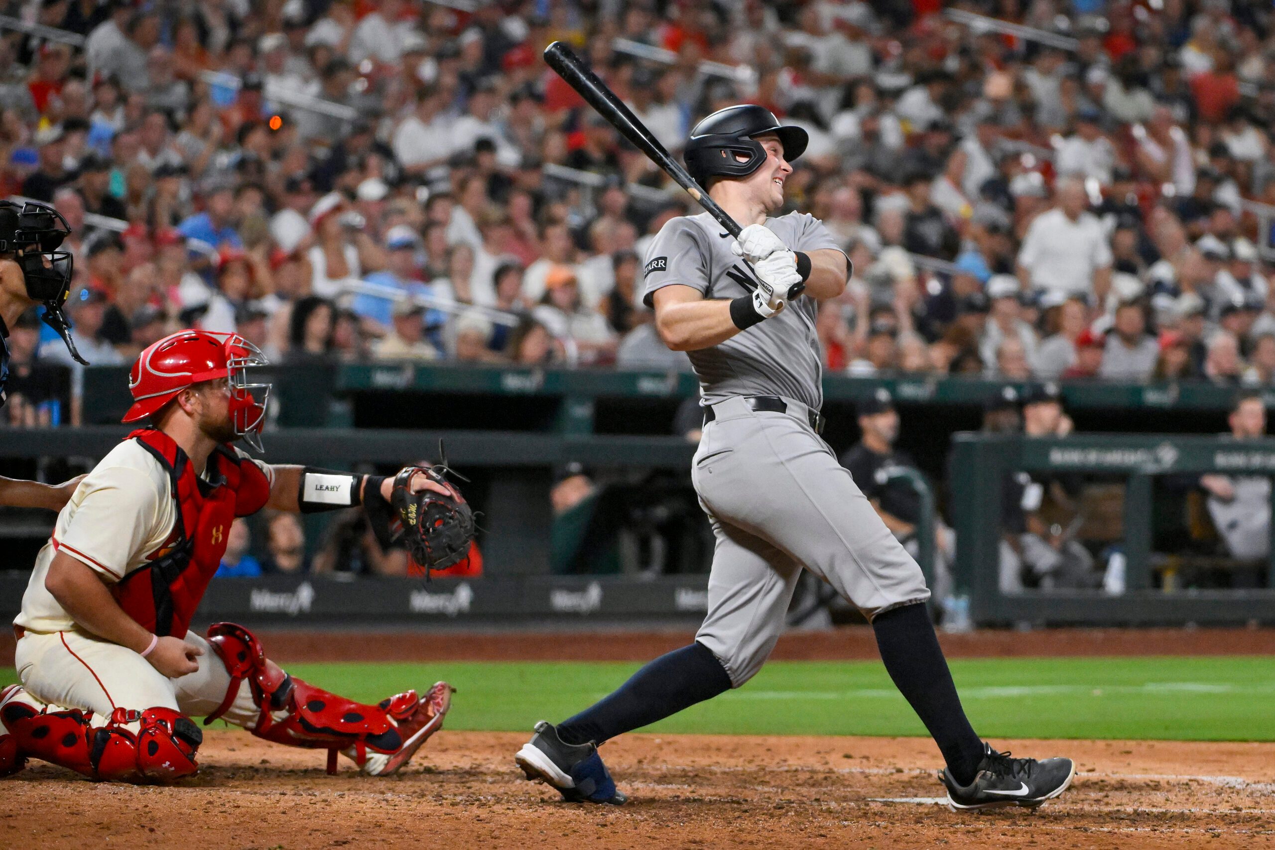 Aug 16, 2025; St. Louis, Missouri, USA;  New York Yankees first baseman Ben Rice (22) hits a three run double against the St. Louis Cardinals during the sixth inning at Busch Stadium. Mandatory Credit: Jeff Curry-Imagn Images