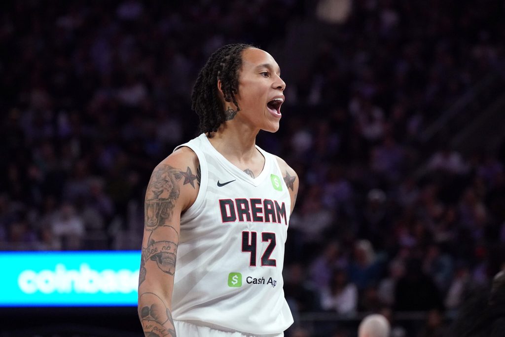 Aug 17, 2025; San Francisco, California, USA; Atlanta Dream center Brittney Griner (42) shows emotion after scoring against the Golden State Valkyries in the third quarter at Chase Center. Mandatory Credit: David Gonzales-Imagn Images