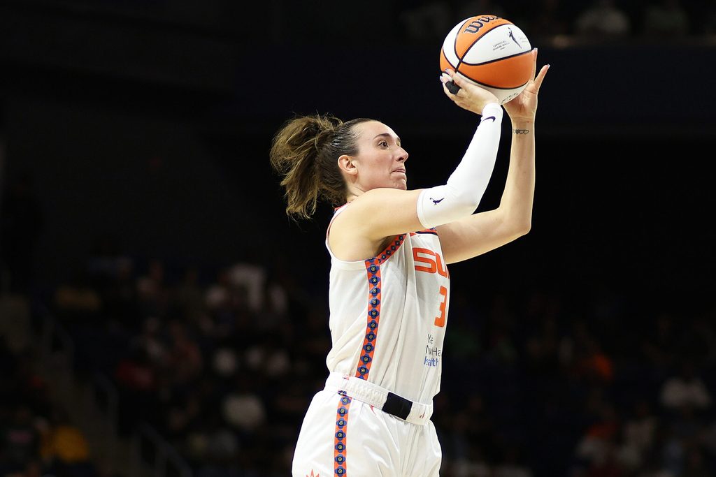 Aug 19, 2025; Washington, District of Columbia, USA; Connecticut Sun guard Marina Mabrey (3) takes a shot during the second half against the Washington Mystics at CareFirst Arena. Mandatory Credit: Daniel Kucin Jr.-Imagn Images