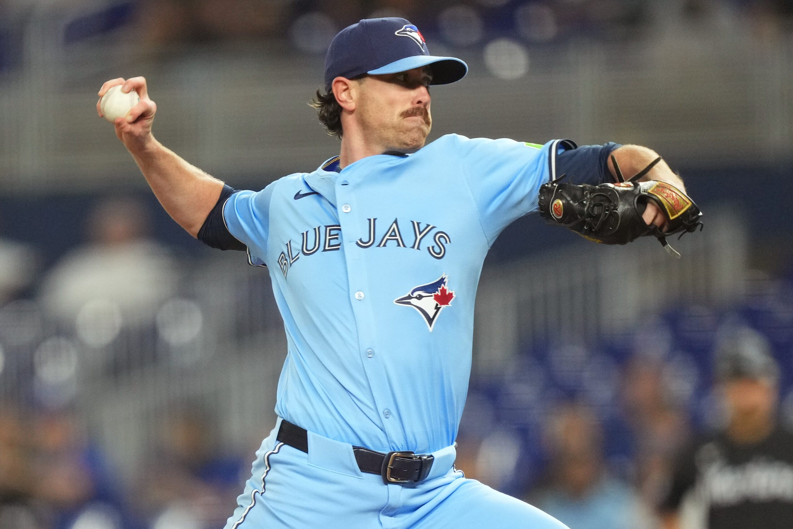 Aug 22, 2025; Miami, Florida, USA; Toronto Blue Jays starting pitcher Shane Bieber (57) throws a pitch against the Miami Marlins at loanDepot Park. Mandatory Credit: Jim Rassol-Imagn Images