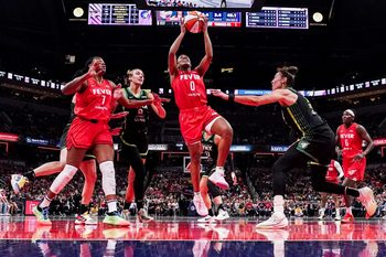 Indiana Fever guard Kelsey Mitchell (0) goes up for a basket Friday, Aug. 22, 2025, during a game between the Indiana Fever and the Minnesota Lynx at Gainbridge Fieldhouse in Indianapolis. The Minnesota Lynx defeated the Indiana Fever, 95-90.