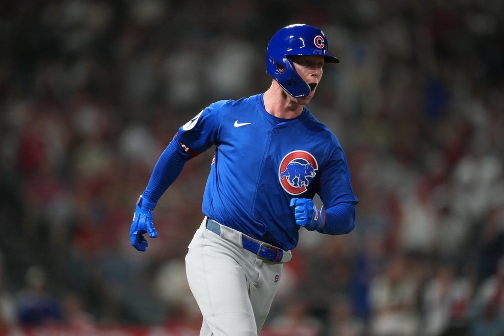 Aug 22, 2025; Anaheim, California, USA; Chicago Cubs center fielder Pete Crow-Armstrong (4) runs the bases after hitting a home run in the ninth inning against the Los Angeles Angels at Angel Stadium. Mandatory Credit: Kirby Lee-Imagn Images