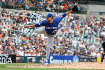 Aug 24, 2025; Detroit, Michigan, USA; Kansas City Royals pitcher Carlos Estévez (53) throws during the ninth inning against the Detroit Tigers at Comerica Park. Mandatory Credit: Brian Bradshaw Sevald-Imagn Images
