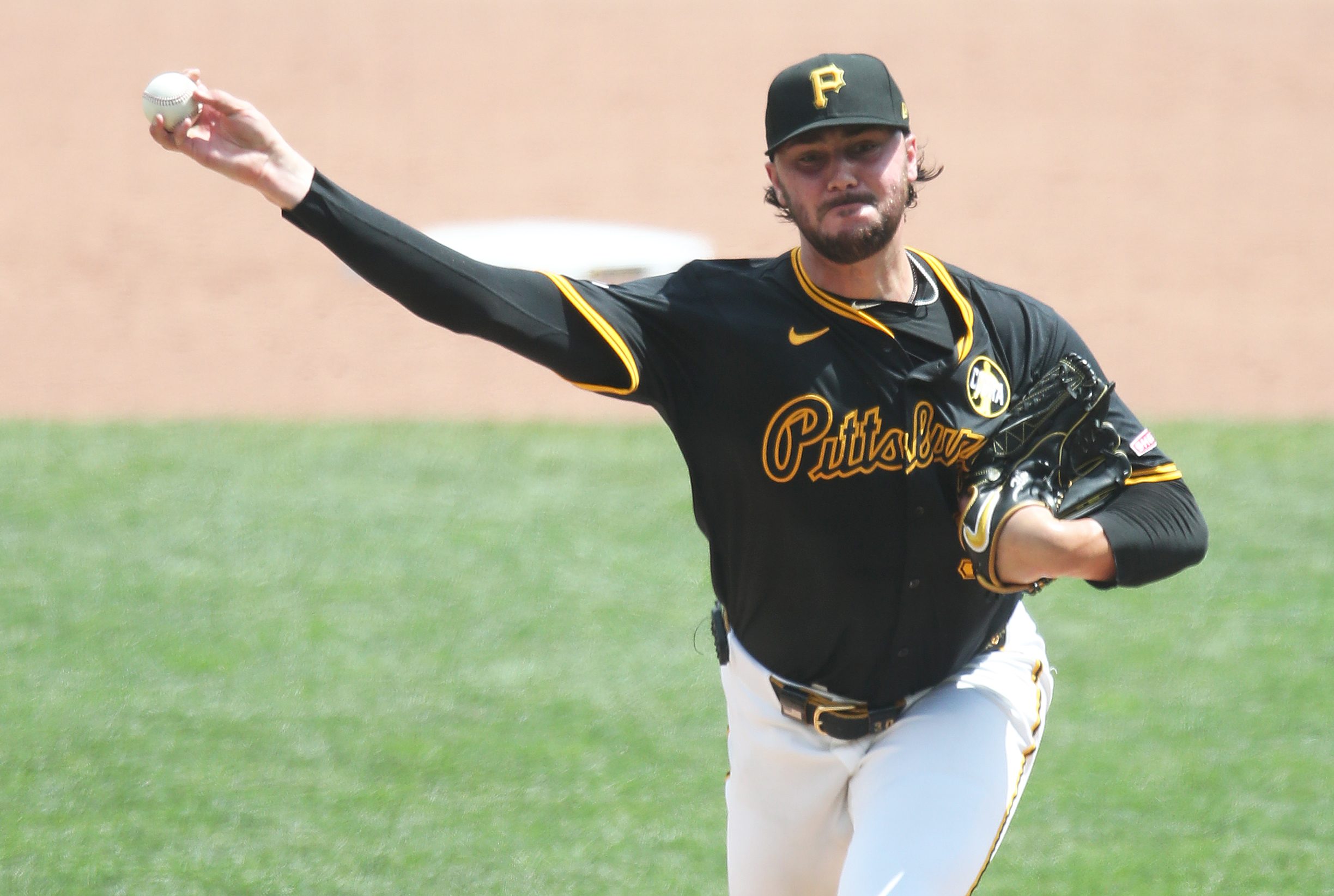 Aug 24, 2025; Pittsburgh, Pennsylvania, USA;  Pittsburgh Pirates starting pitcher Paul Skenes (30) pitches against the Colorado Rockies during the sixth inning at PNC Park. Mandatory Credit: Charles LeClaire-Imagn Images