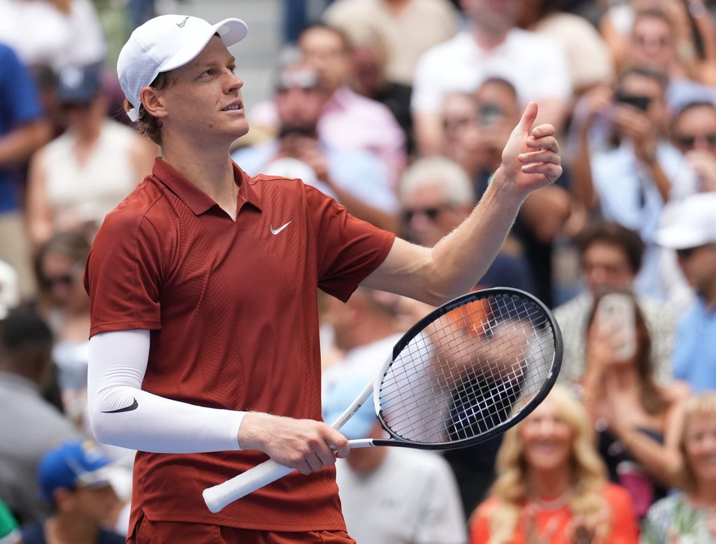 Aug 26, 2025; Flushing, NY, USA; Jannik Sinner (ITA) after beating Vit Kopriva (CZE) (not pictured) on day three of the 2025 U.S. Open tennis tournament at the USTA Billie Jean King National Tennis Center. Mandatory Credit: Robert Deutsch-Imagn Images