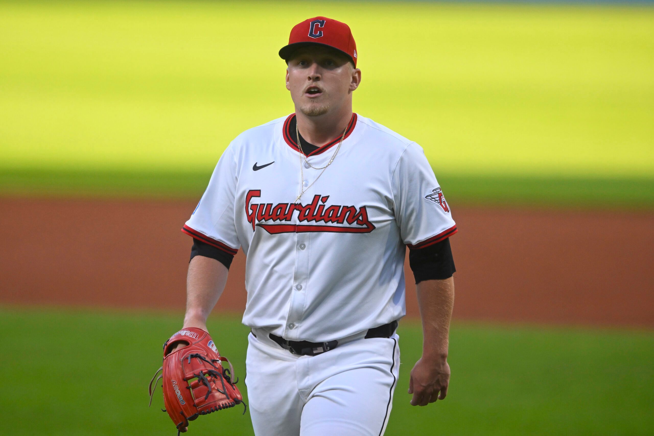 Aug 26, 2025; Cleveland, Ohio, USA; Cleveland Guardians starting pitcher Parker Messick (77) walks off the field at the end of the second inning against the Tampa Bay Rays at Progressive Field. Mandatory Credit: David Richard-Imagn Images