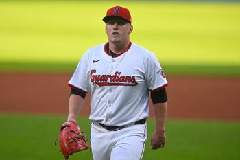 Aug 26, 2025; Cleveland, Ohio, USA; Cleveland Guardians starting pitcher Parker Messick (77) walks off the field at the end of the second inning against the Tampa Bay Rays at Progressive Field. Mandatory Credit: David Richard-Imagn Images