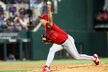 Aug 26, 2025; Arlington, Texas, USA; Los Angeles Angels starting pitcher Yusei Kikuchi (16) throws during the first inning against the Texas Rangers at Globe Life Field. Mandatory Credit: Kevin Jairaj-Imagn Images