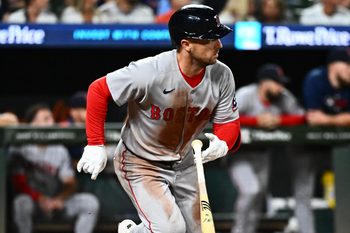 Aug 26, 2025; Baltimore, Maryland, USA; Boston Red Sox third baseman Alex Bregman (2) singles during the eighth inning against the Baltimore Orioles at Oriole Park at Camden Yards. Mandatory Credit: James A. Pittman-Imagn Images