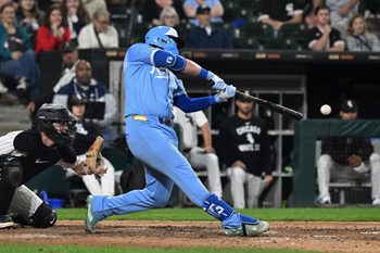 Aug 26, 2025; Chicago, Illinois, USA; Kansas City Royals first base Vinnie Pasquantino (9) singles during the ninth inning against the Kansas City Royals at Rate Field. Mandatory Credit: Matt Marton-Imagn Images