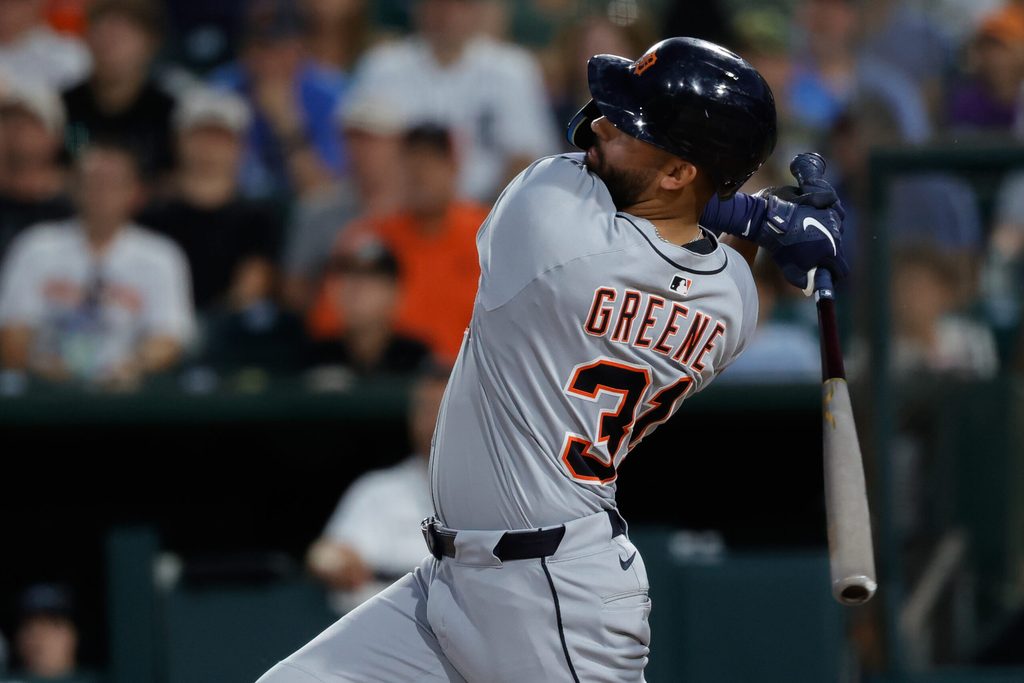 Aug 26, 2025; West Sacramento, California, USA; Detroit Tigers left fielder Riley Greene (31) hits a grand slam home run during the third inning against the Athletics at Sutter Health Park. Mandatory Credit: Sergio Estrada-Imagn Images