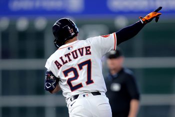 Aug 28, 2025; Houston, Texas, USA; Houston Astros designated hitter Jose Altuve (27) rounds the bases after hitting a solo home run against the Colorado Rockies during the first inning at Daikin Park. Mandatory Credit: Erik Williams-Imagn Images
