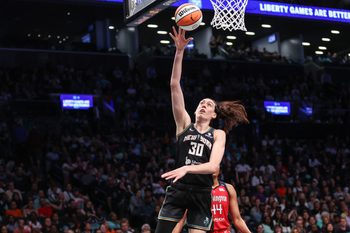 Aug 28, 2025; Brooklyn, New York, USA;  New York Liberty forward Breanna Stewart (30) drives to the basket in the fourth quarter against the Washington Mystics at Barclays Center. Mandatory Credit: Wendell Cruz-Imagn Images