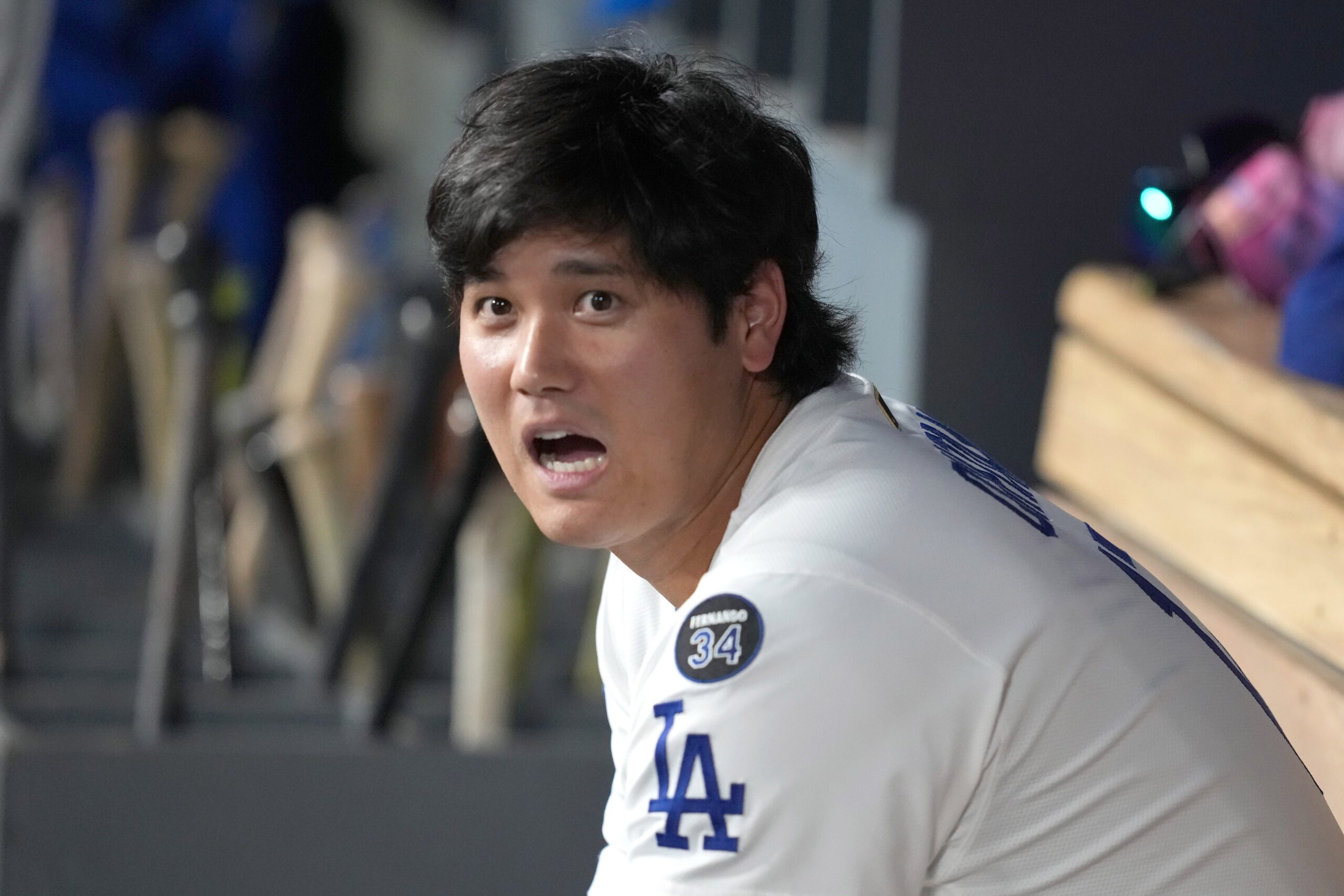 Aug 29, 2025; Los Angeles, California, USA; Los Angeles Dodgers designated hitter Shohei Ohtani (17) watches from the dugout against the Arizona Diamondbacks at Dodger Stadium. Mandatory Credit: Kirby Lee-Imagn Images