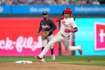 Aug 30, 2025; Philadelphia, Pennsylvania, USA; Philadelphia Phillies infielder Bryson Stott (5) rounds second base against the Atlanta Braves in the eighth inning at Citizens Bank Park. Mandatory Credit: Kyle Ross-Imagn Images