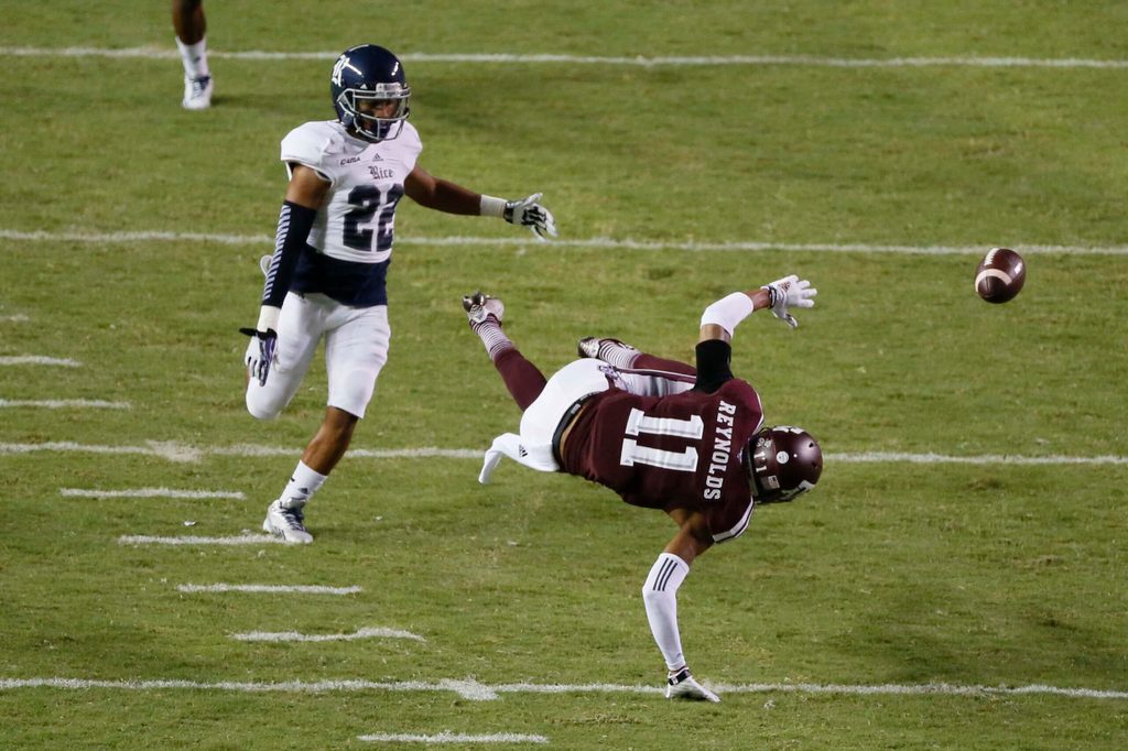 Sep 13, 2014; College Station, TX, USA; Texas A&M Aggies wide receiver Josh Reynolds (11) is unable to make a catch against the Rice Owls during the second half at Kyle Field. Mandatory Credit: Soobum Im-Imagn Images