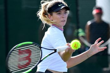 Mar 4, 2019; Indian Wells, CA, USA; Katie Boulter (BGR)  returns the ball during her first round qualifying match against Allie Kiick (not pictured) in the BNP Paribas Open at the Indian Wells Tennis Garden. Mandatory Credit: Jayne Kamin-Oncea-Imagn Images