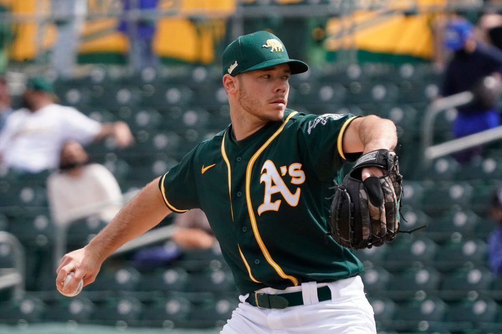 Feb 28, 2021; Mesa, Arizona, USA; Oakland Athletics pitcher Daulton Jefferies (66) throws in the first inning during a spring training game against the Los Angeles Dodgers at Hohokam Stadium. Mandatory Credit: Rick Scuteri-Imagn Images