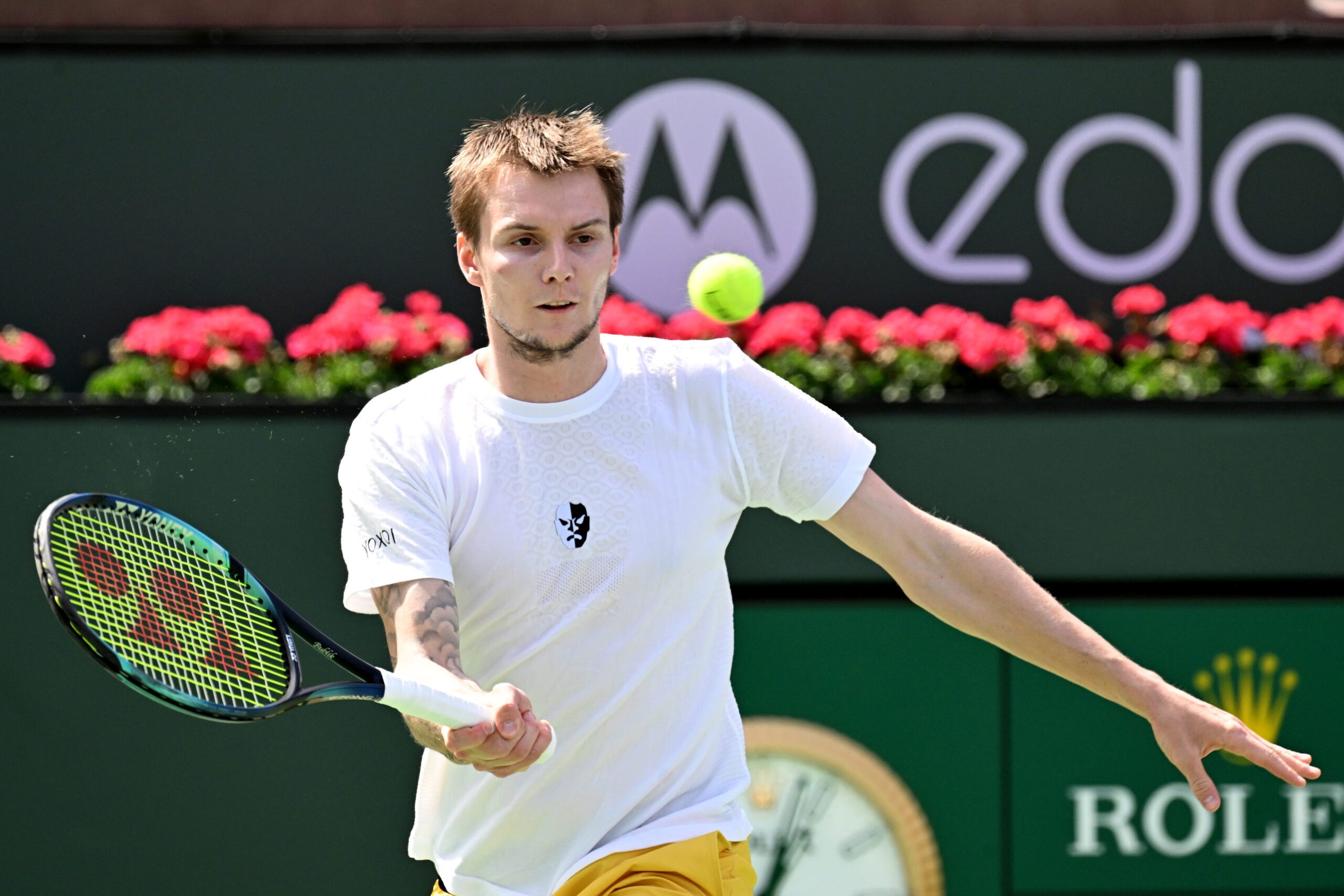 Mar 13, 2022; Indian Wells, CA, USA;  Alexander Bublik (KAZ) hits a shot against Andy Murray (GBR) during a second round match at the BNP Paribas Open at the Indian Wells Tennis Garden. Mandatory Credit: Jayne Kamin-Oncea-Imagn Images