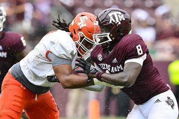 Sep 3, 2022; College Station, Texas, USA;  Texas A&M Aggies defensive lineman Anthony Lucas (8) and Sam Houston State Bearkats offensive lineman Moses Johnson (73) in action during the second half at Kyle Field. Mandatory Credit: Maria Lysaker-Imagn Images