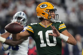 Green Bay Packers quarterback Jordan Love (10) throws a pass during the second quarter of the wild card playoff game against the Dallas Cowboys Sunday, January 14, 2024 at AT&T Stadium in Arlington, Texas.