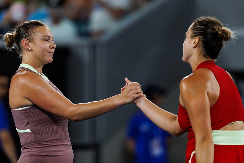 Jan 21, 2024; Melbourne, Victoria, Australia; Amanda Anisimova of the United States shakes hands with Arnya Sabalenka of Belarus after losing to her in in the forth round of the women s singles at the Australian Open 2024. Mandatory Credit: Mike Frey-Imagn Images