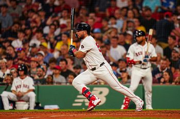 Jul 11, 2024; Boston, Massachusetts, USA; Boston Red Sox right fielder Wilyer Abreu (52) gets a base hit against the Oakland Athletics in the sixth inning at Fenway Park. Mandatory Credit: David Butler II-Imagn Images