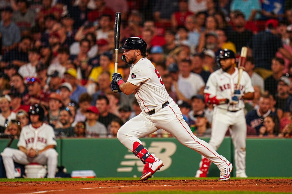Jul 11, 2024; Boston, Massachusetts, USA; Boston Red Sox right fielder Wilyer Abreu (52) gets a base hit against the Oakland Athletics in the sixth inning at Fenway Park. Mandatory Credit: David Butler II-Imagn Images