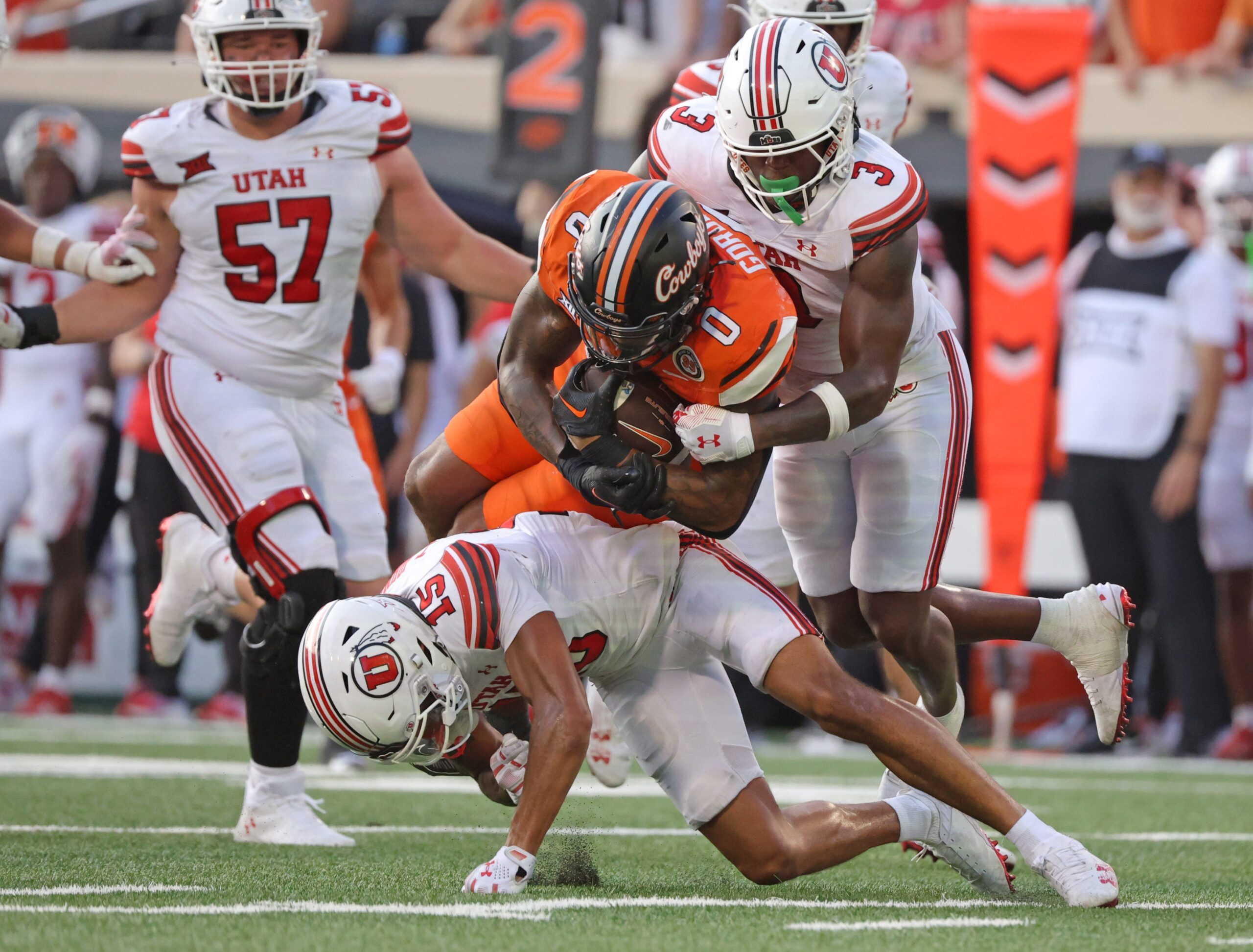 in the second half of the college football between the Oklahoma State University Cowboys and the Utah Utes at Boone Pickens Stadium in Stillwater, Okla., Saturday, Sept., 21, 2024.
