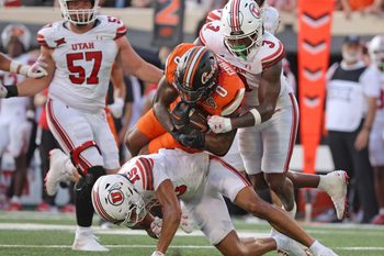 in the second half of the college football between the Oklahoma State University Cowboys and the Utah Utes at Boone Pickens Stadium in Stillwater, Okla., Saturday, Sept., 21, 2024.