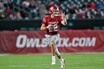 Sep 26, 2024; Philadelphia, Pennsylvania, USA; Temple Owls quarterback Evan Simon (12) looks to pass against the Army Black Knights during the first half at Lincoln Financial Field. Mandatory Credit: Danny Wild-Imagn Images