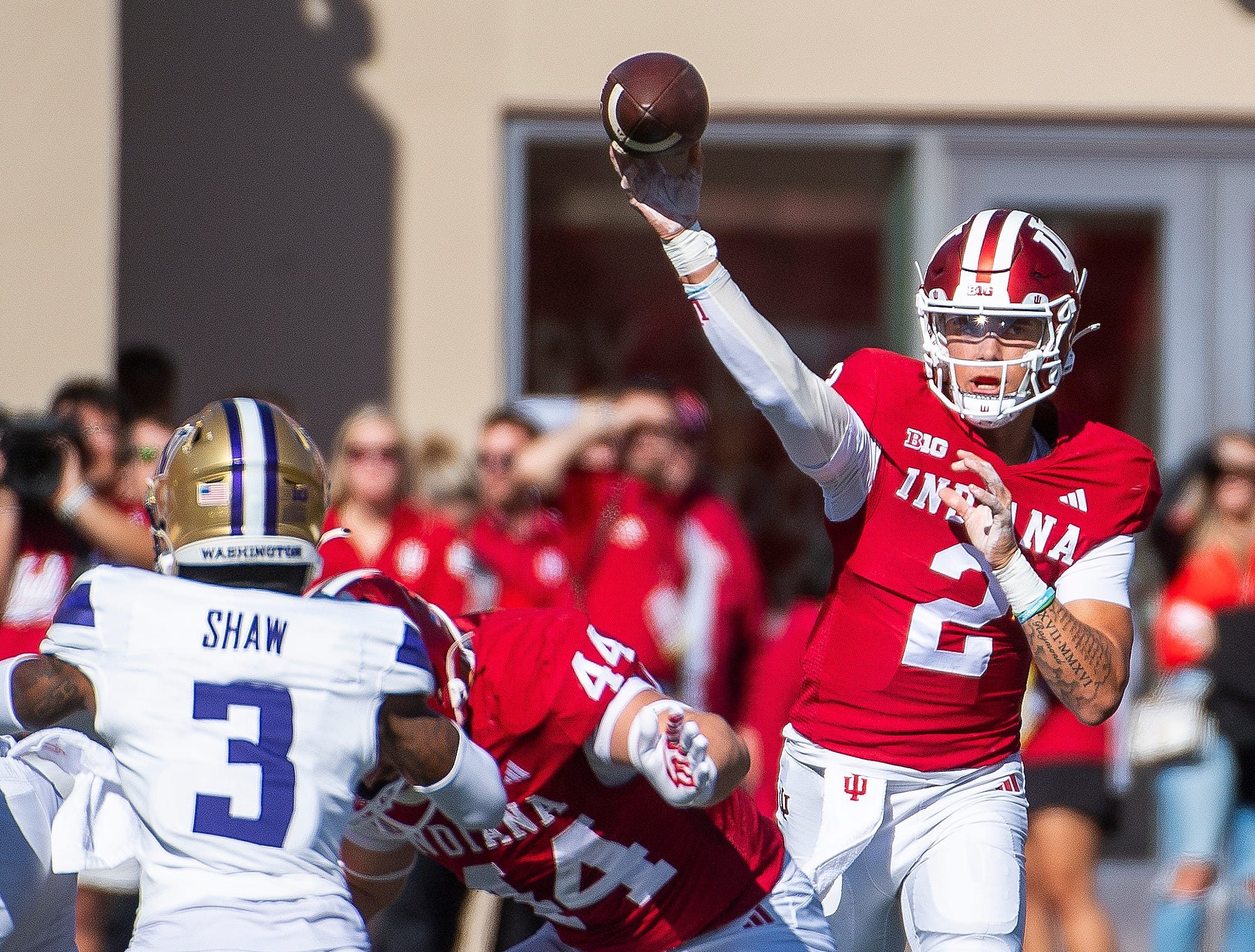 Indiana's Tayven Jackson (2) passes during the Indiana versus Washington football game at Memorial Stadium on Oct. 26, 2024.