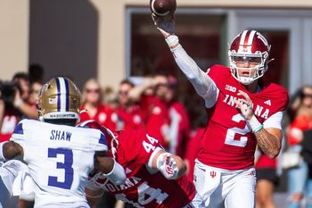 Indiana's Tayven Jackson (2) passes during the Indiana versus Washington football game at Memorial Stadium on Oct. 26, 2024.