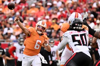 Oct 27, 2024; Tampa, Florida, USA; Tampa Bay Buccaneers quarterback Baker Mayfield (6) throws a pass in the second half against the Atlanta Falcons at Raymond James Stadium. Mandatory Credit: Jonathan Dyer-Imagn Images