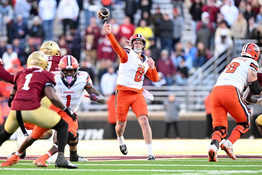 Nov 9, 2024; Chestnut Hill, Massachusetts, USA; Syracuse Orange quarterback Kyle McCord (6) throws against the Boston College Eagles during the second half at Alumni Stadium. Mandatory Credit: Brian Fluharty-Imagn Images