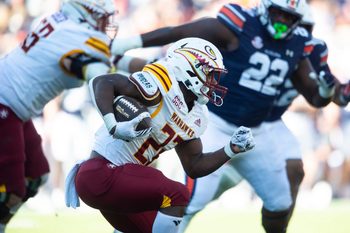Louisiana-Monroe Warhawks running back Ahmad Hardy (22) runs the ball as Auburn Tigers take on Louisiana-Monroe Warhawks at Jordan-Hare Stadium in Auburn, Ala., on Saturday, Nov. 16, 2024. Auburn Tigers defeated Louisiana-Monroe Warhawks 48-14.