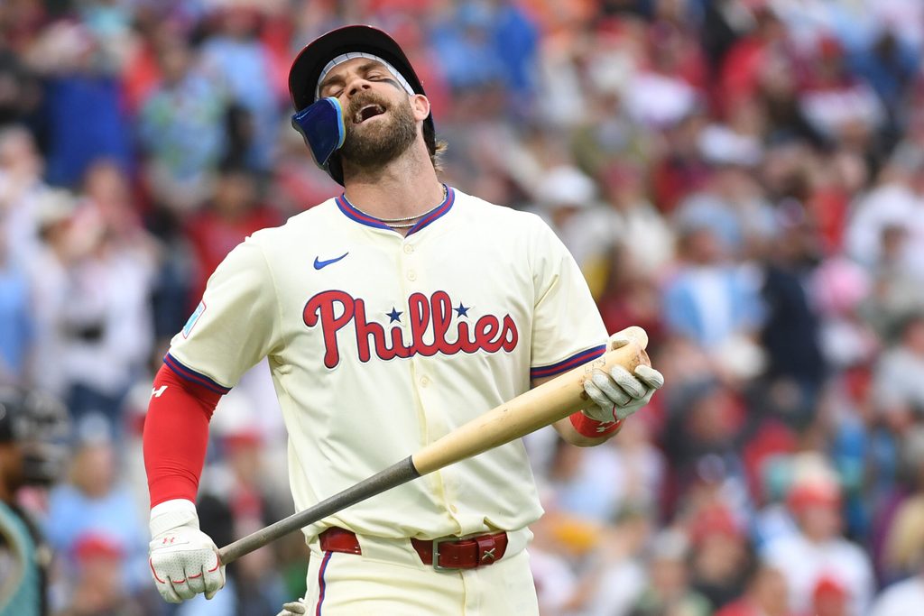May 4, 2025; Philadelphia, Pennsylvania, USA; Philadelphia Phillies first base Bryce Harper (3) reacts after hitting a flying out to center during the tenth inning against the Arizona Diamondbacks at Citizens Bank Park. Mandatory Credit: Eric Hartline-Imagn Images