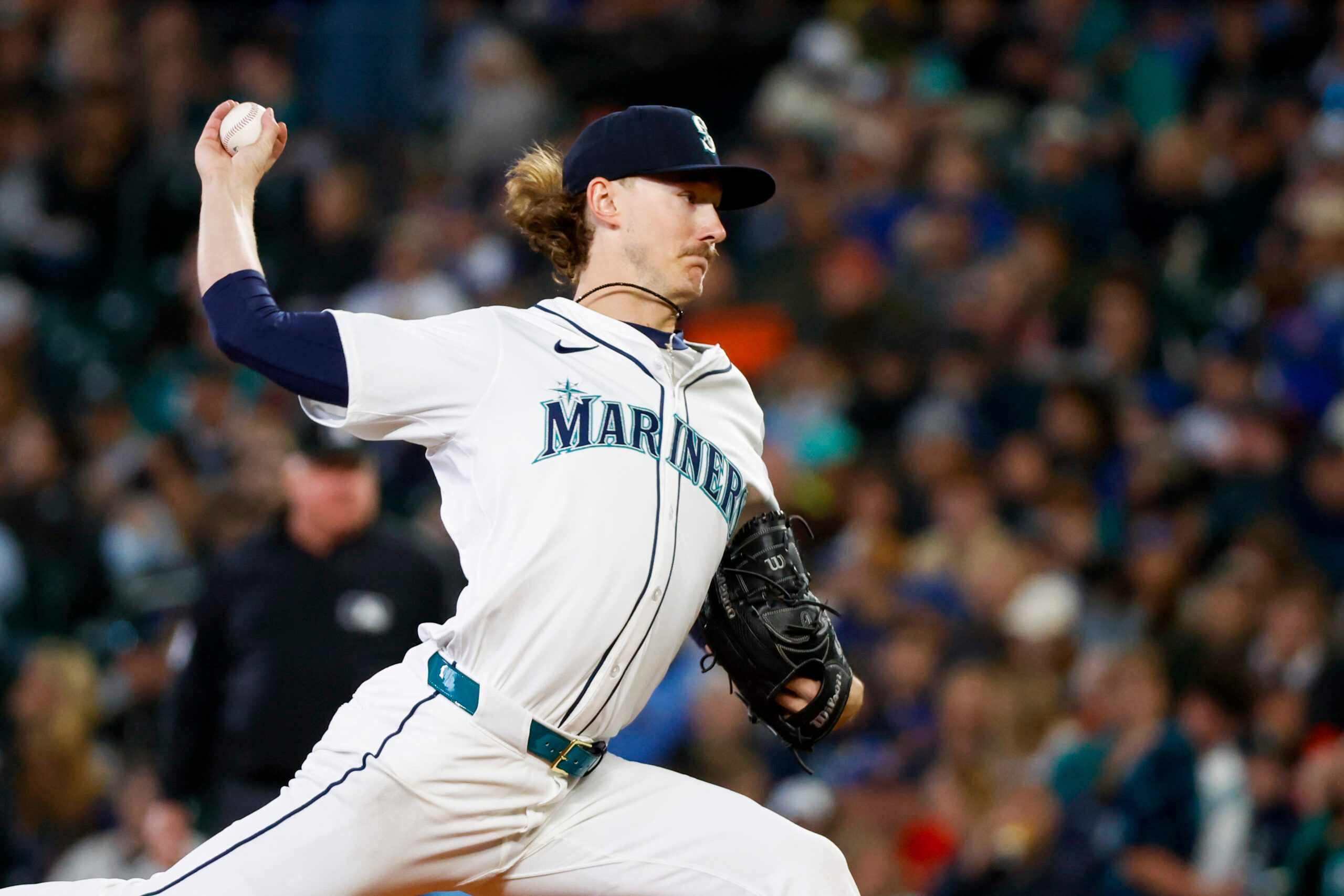 May 31, 2025; Seattle, Washington, USA; Seattle Mariners starting pitcher Bryce Miller (50) throws against the Minnesota Twins during the fourth inning at T-Mobile Park. Mandatory Credit: Joe Nicholson-Imagn Images