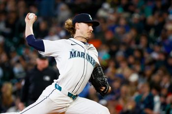 May 31, 2025; Seattle, Washington, USA; Seattle Mariners starting pitcher Bryce Miller (50) throws against the Minnesota Twins during the fourth inning at T-Mobile Park. Mandatory Credit: Joe Nicholson-Imagn Images