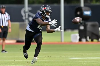 Jun 10, 2025; Houston, TX, USA; Houston Texans wide receiver Nico Collins (12) participates in a drill during an NFL football minicamp at NRG Stadium. Mandatory Credit: Maria Lysaker-Imagn Images