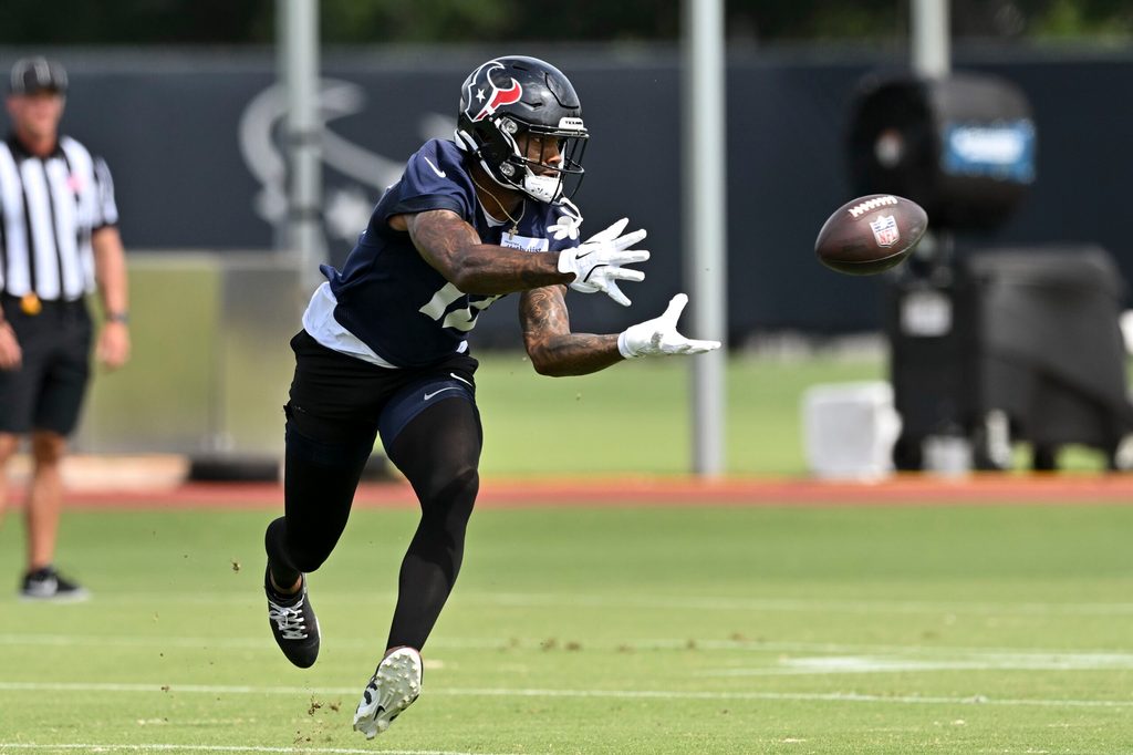 Jun 10, 2025; Houston, TX, USA; Houston Texans wide receiver Nico Collins (12) participates in a drill during an NFL football minicamp at NRG Stadium. Mandatory Credit: Maria Lysaker-Imagn Images