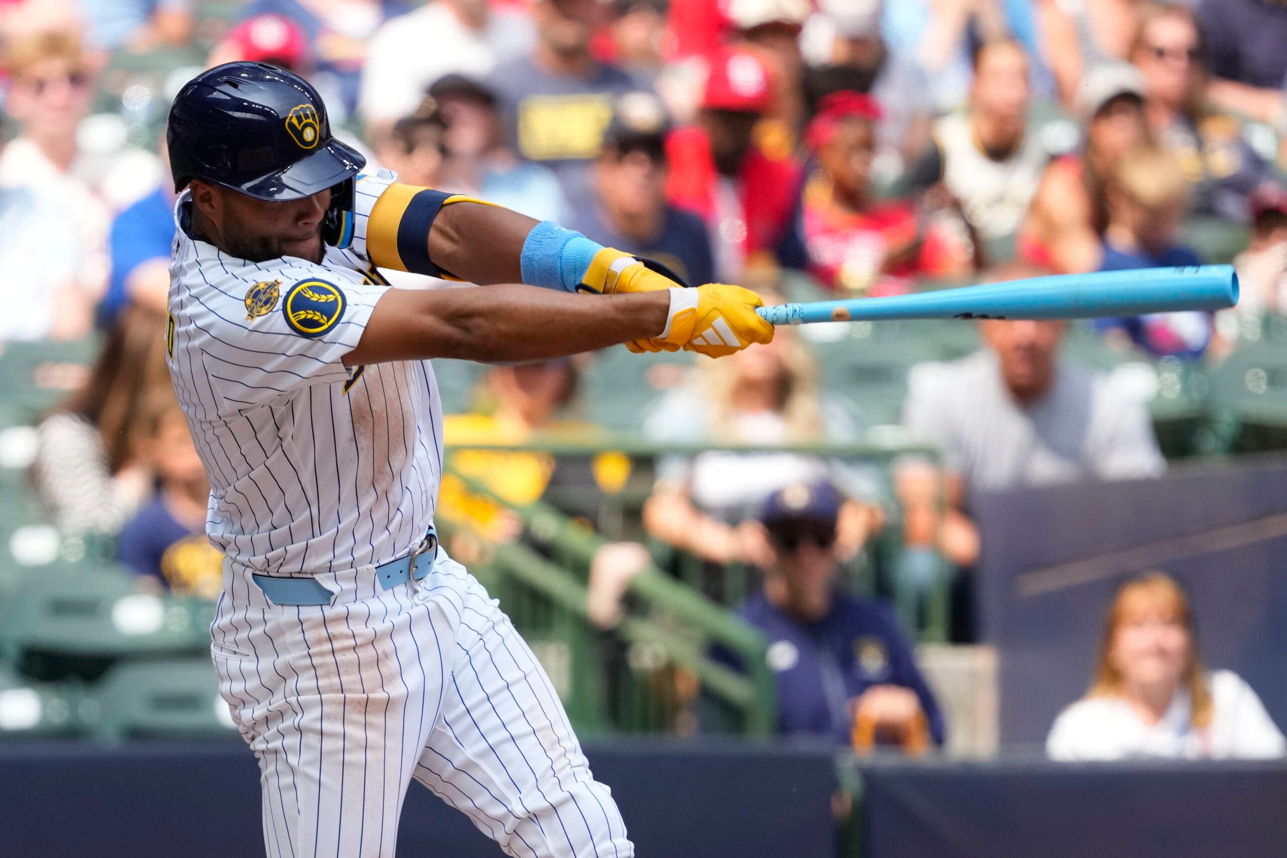 Jun 15, 2025; Milwaukee, Wisconsin, USA;  Milwaukee Brewers center fielder Jackson Chourio (11) bats during the game against the St. Louis Cardinals at American Family Field. Mandatory Credit: Jeff Hanisch-Imagn Images