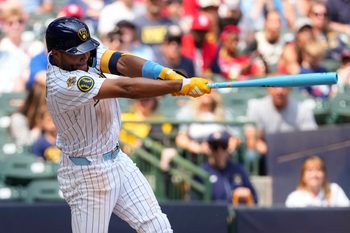 Jun 15, 2025; Milwaukee, Wisconsin, USA;  Milwaukee Brewers center fielder Jackson Chourio (11) bats during the game against the St. Louis Cardinals at American Family Field. Mandatory Credit: Jeff Hanisch-Imagn Images