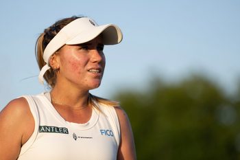 Jul 1, 2025; Wimbledon, UNITED KINGDOM; Sofia Kenin of the United States after winning her match against Taylor Townsend of the United States on day two at the All England Lawn Tennis and Croquet Club. Mandatory Credit: Susan Mullane-Imagn Images